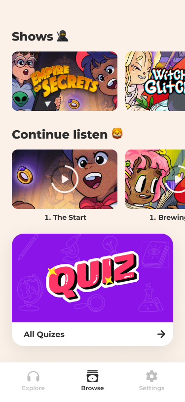 Browser screen, with a full width card taking the yser to a selection on content, here it is all quizzes